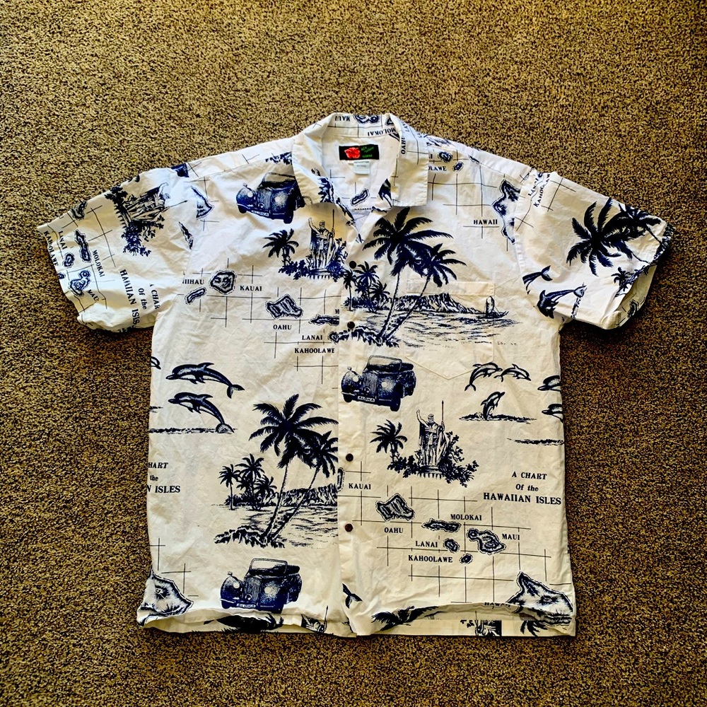 Vintage men’s Ali’i Fashions Aloha Hawaiian XL shirt white blue